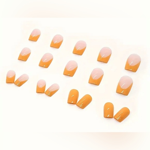 24Medium Long Orange Square Shaped Press On Nails, Some French Manicure & Orange - Picture 2 of 3